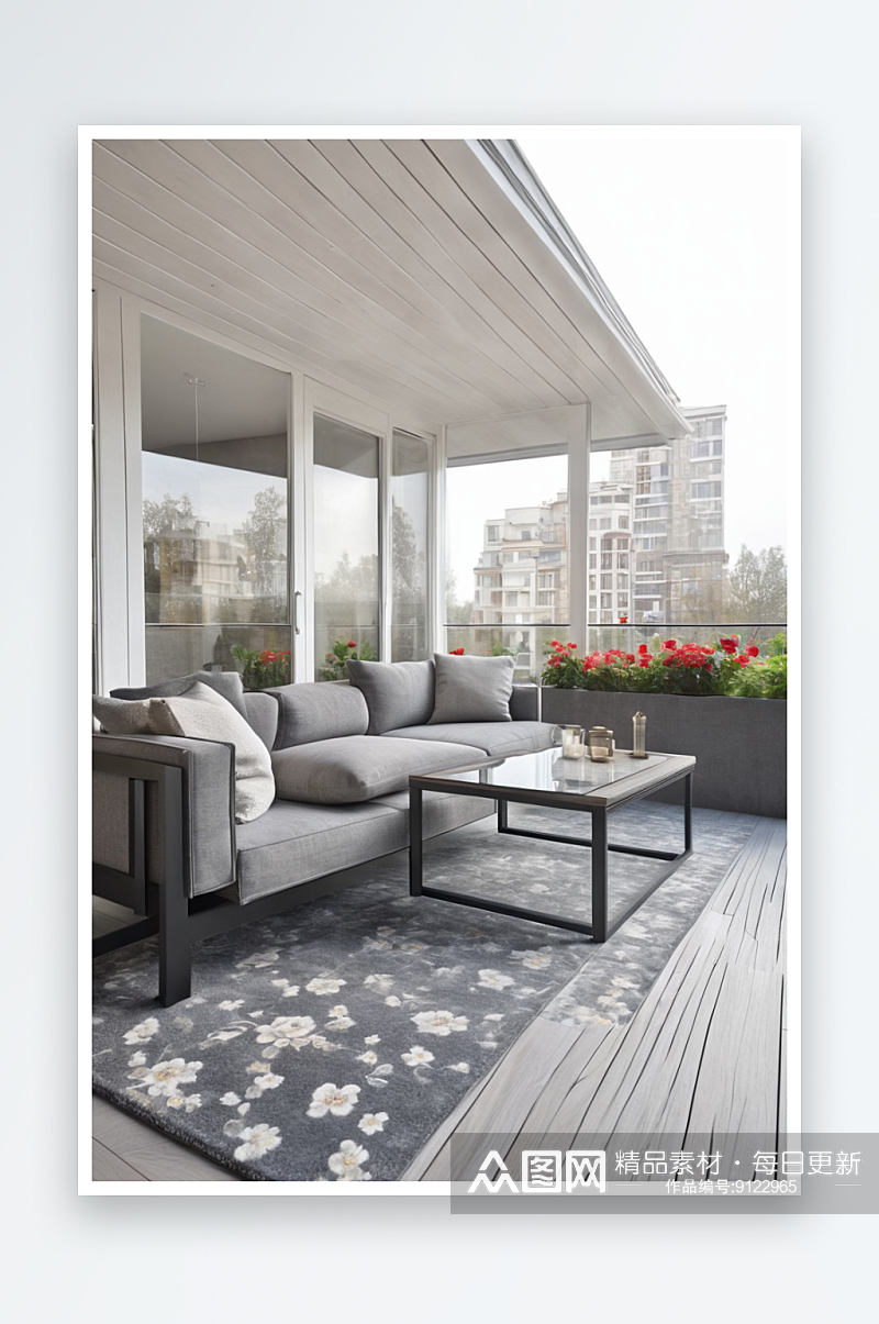 木屋阳台毗邻玻璃立面上灰色沙发边桌地毯图素材