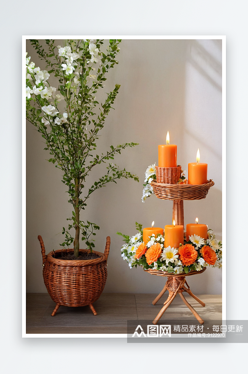 木架橙色蜡烛杯子茶或咖啡家庭鲜花一个柳条素材