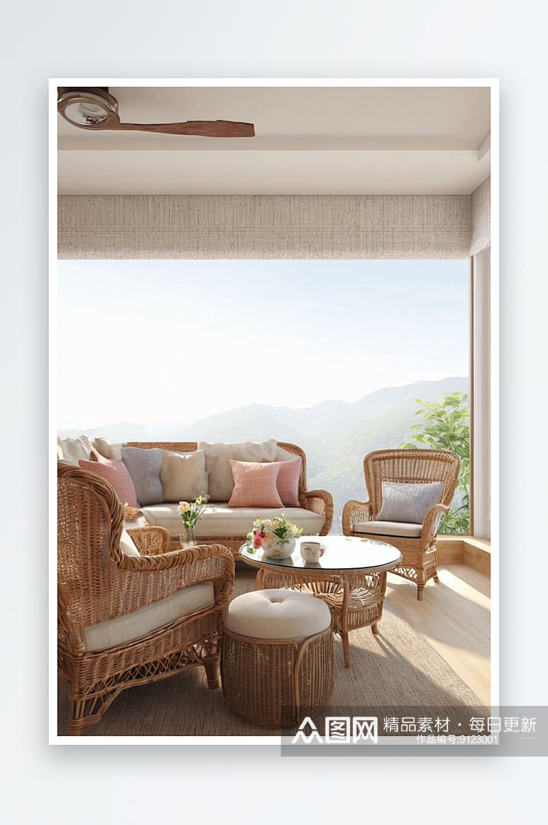 明亮宜人客厅里柳条扶手椅淡色沙发质朴茶几素材