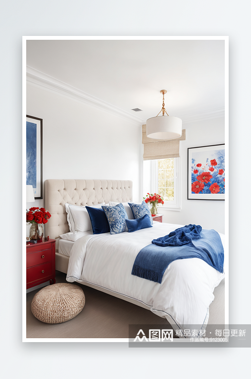 明亮卧室与蓝色红色口音图片素材