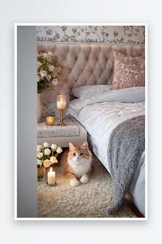 毛绒地毯蜡烛小猫舒适卧室图片