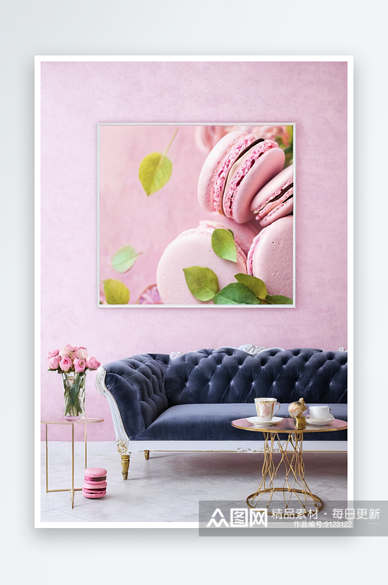 马卡龙粉色欧式浪漫沙发客厅家居装饰画室内素材