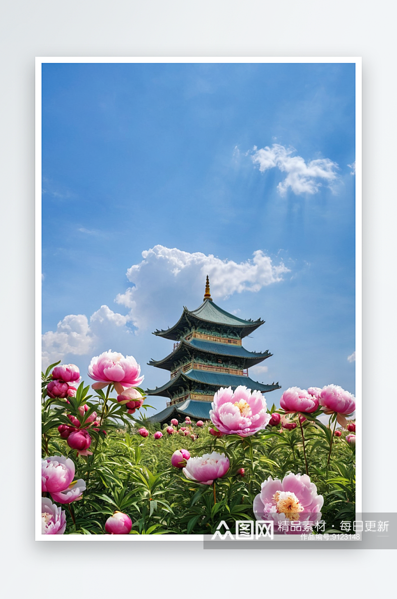 旅游广告背景图国花牡丹蓝天白云壁纸图片素材
