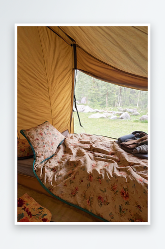 露营帐篷里未收拾床图片