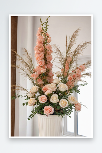 浪漫潘帕斯草原玫瑰装饰婚礼鲜花盆中图片
