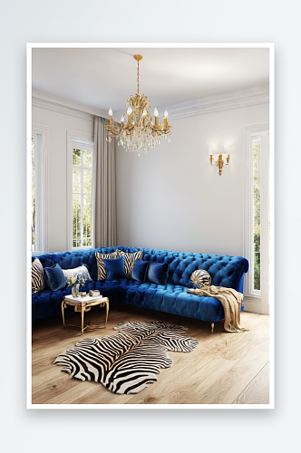 蓝色座椅斑马皮毛明亮客厅木地板图片