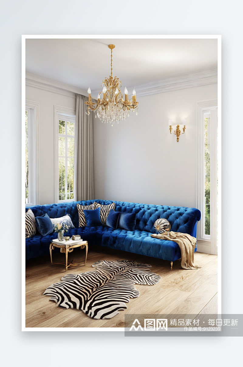 蓝色座椅斑马皮毛明亮客厅木地板图片素材