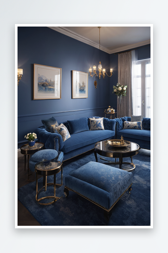 蓝色休息区舒适沙发组合经典茶几图片