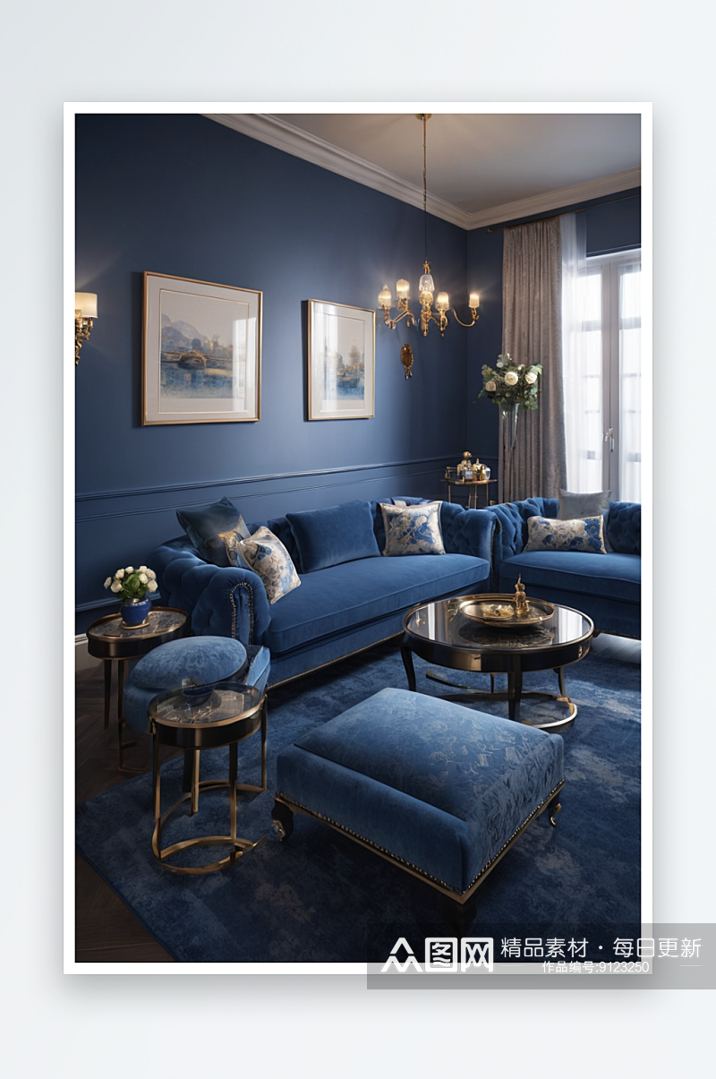 蓝色休息区舒适沙发组合经典茶几图片素材