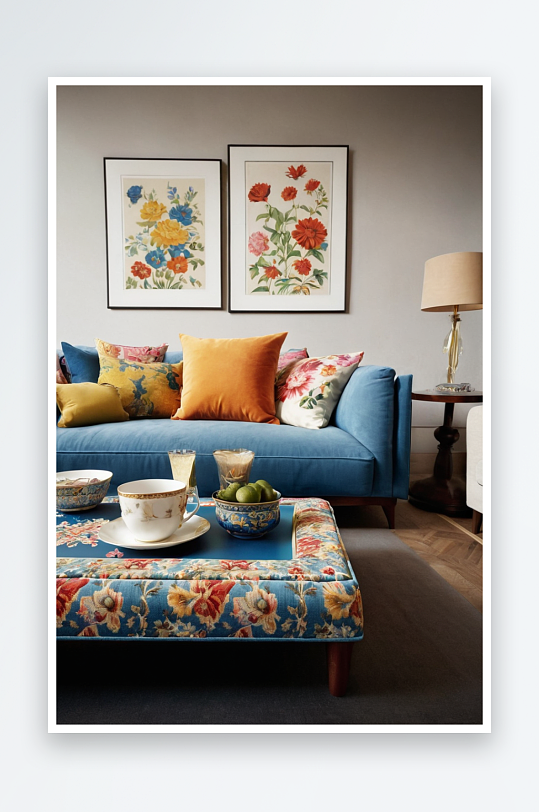 蓝色沙发色彩斑斓散垫茶具托盘客厅软垫上图