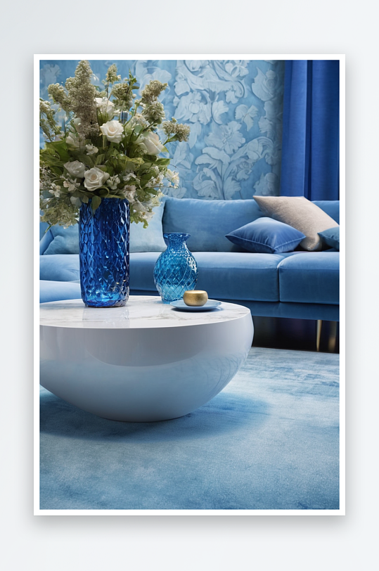 蓝色沙发前圆咖啡桌上摆着蓝色玻璃花瓶图片