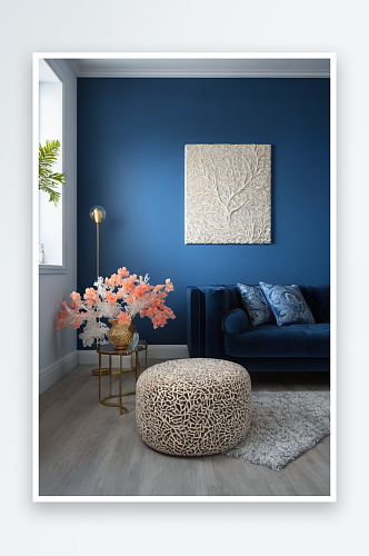 蓝色墙壁珊瑚形装饰客厅图片