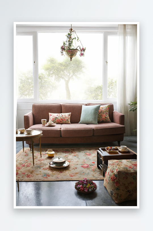 客厅窗前沙发复古茶几上撒上坐垫图片