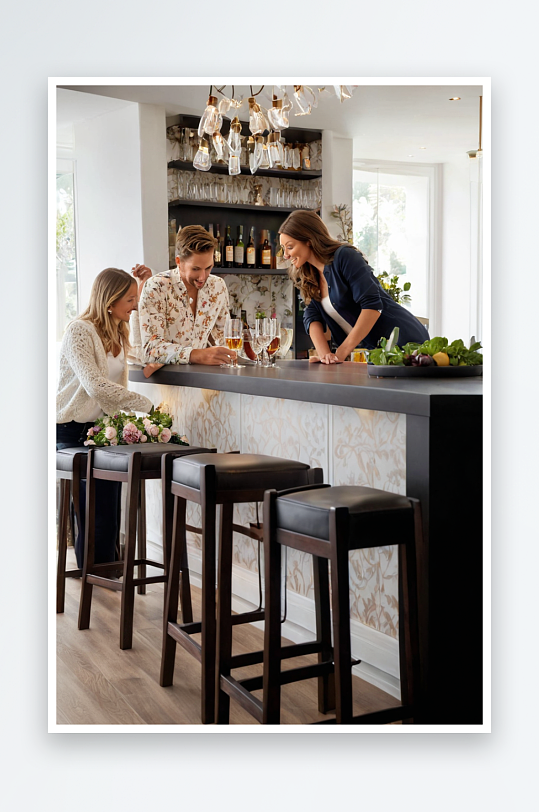 开放式厨房里轻家庭围绕着吧台酒吧凳图片
