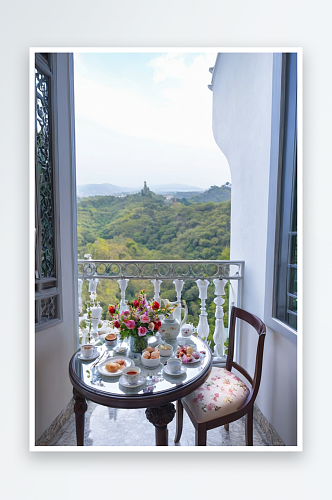 观景阳台前小桌子上摆着早餐用花瓶鲜花图片