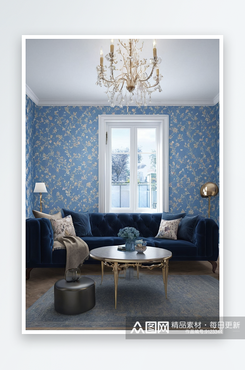 风格客厅里蓝色壁纸图片素材