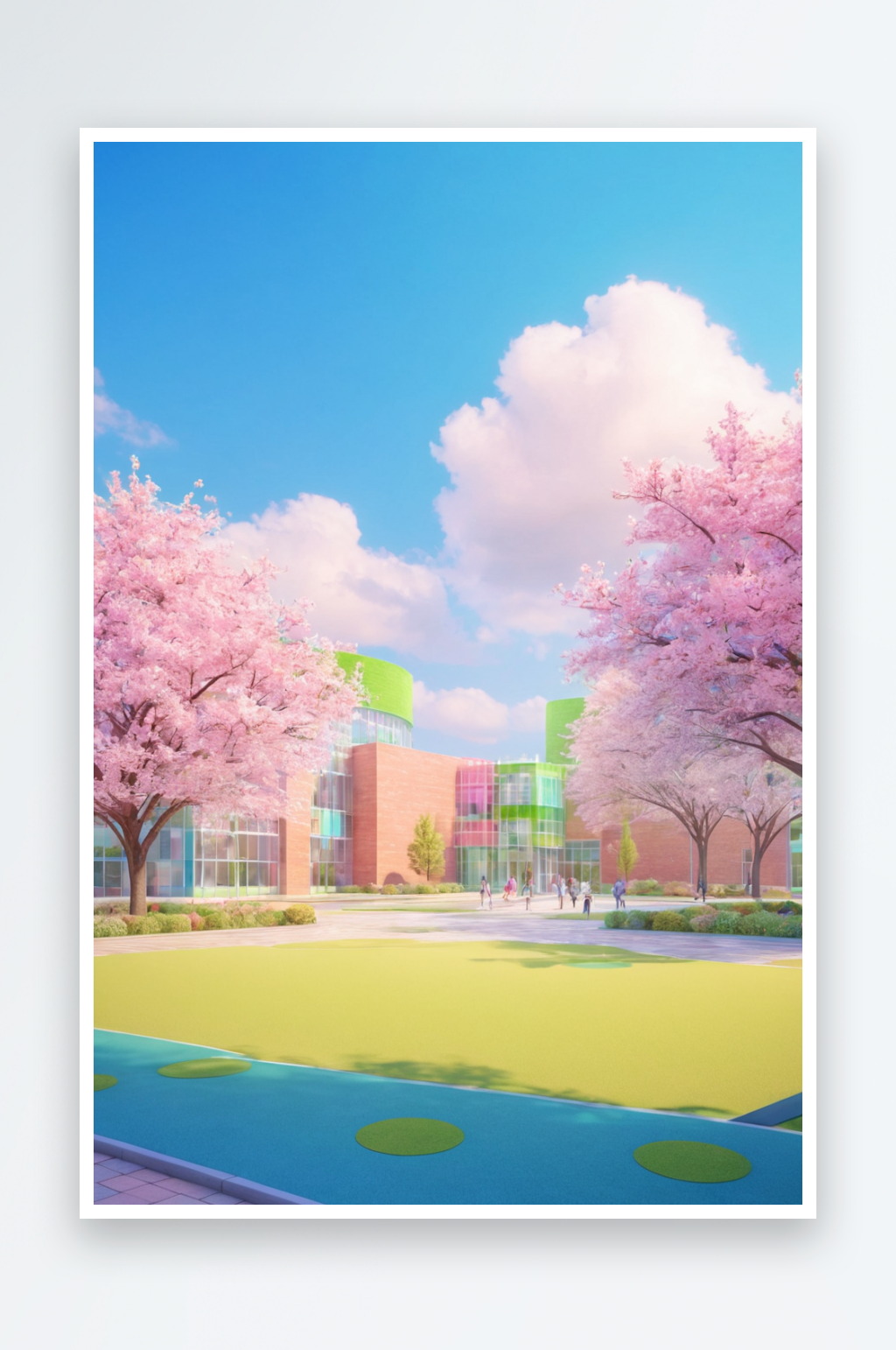 春天校园粉绿色调淡蓝天空教学楼插画图片素材