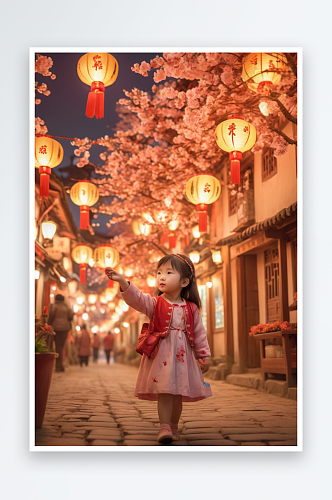春节氛围下传统古镇街道上一个可爱小女孩图