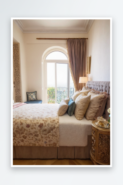 传统优雅卧室里双人床配有优雅床罩配套散置