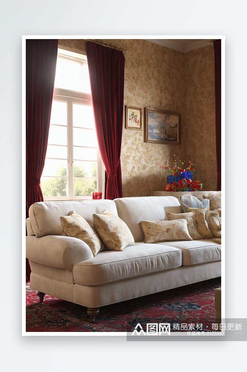 传统客厅里红色沙发前散落着靠垫窗户上挂着素材