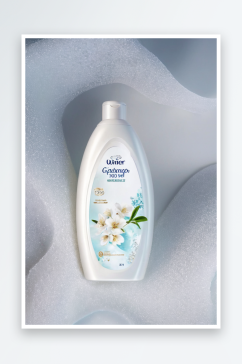 白色泡沫背景上一瓶凝胶或洗发水图片