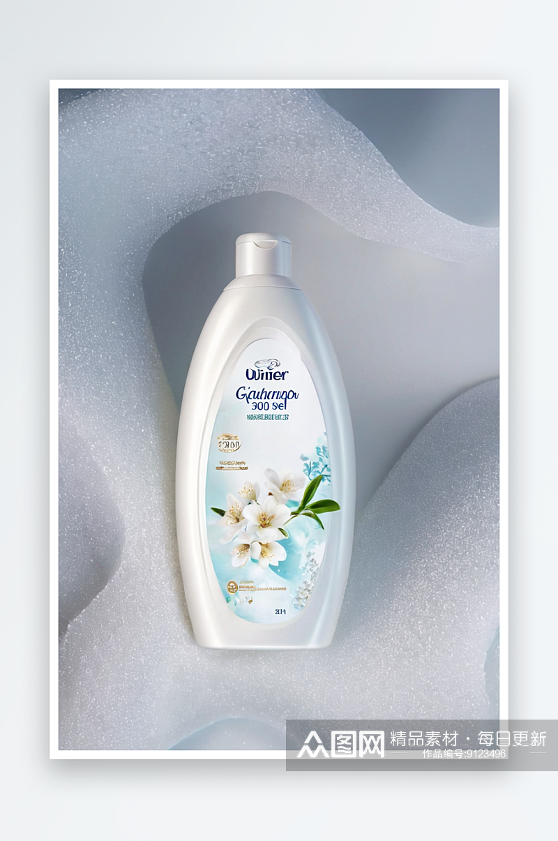 白色泡沫背景上一瓶凝胶或洗发水图片素材
