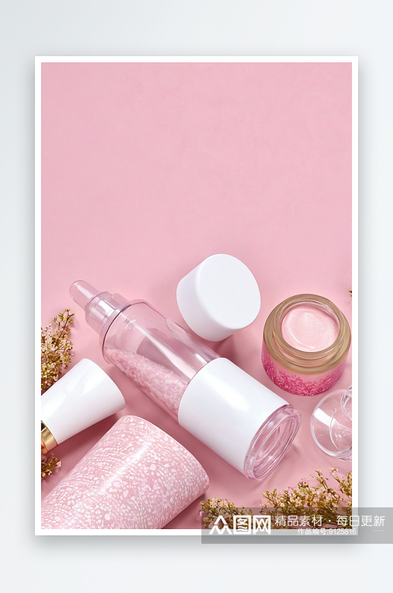 自制化妆品管瓶子天然配件上粉红色模型图片素材