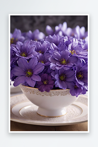 桌子上碗里紫色花朵特写图片