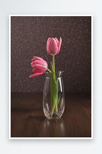 桌子上花瓶里粉红色郁金香特写图片