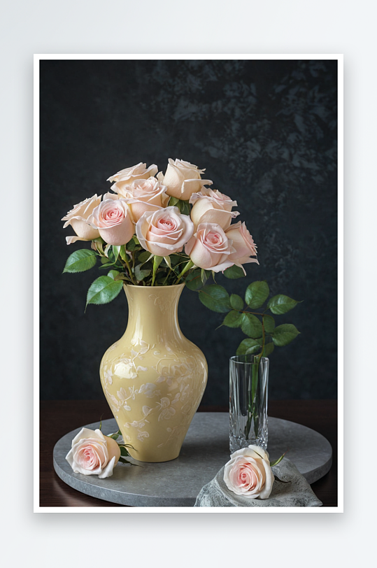 桌上花瓶里玫瑰特写镜头图片