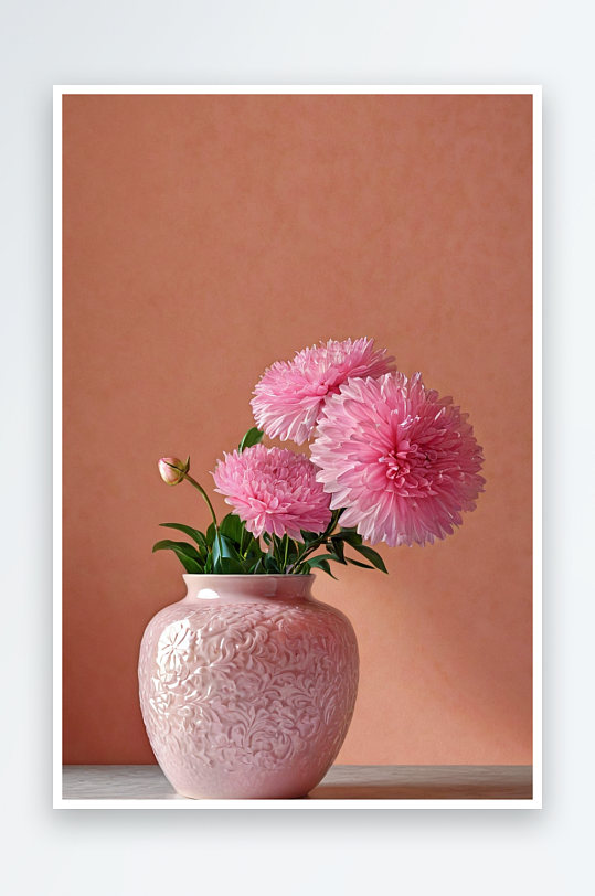 桌上花瓶里粉红色花朵特写镜头图片