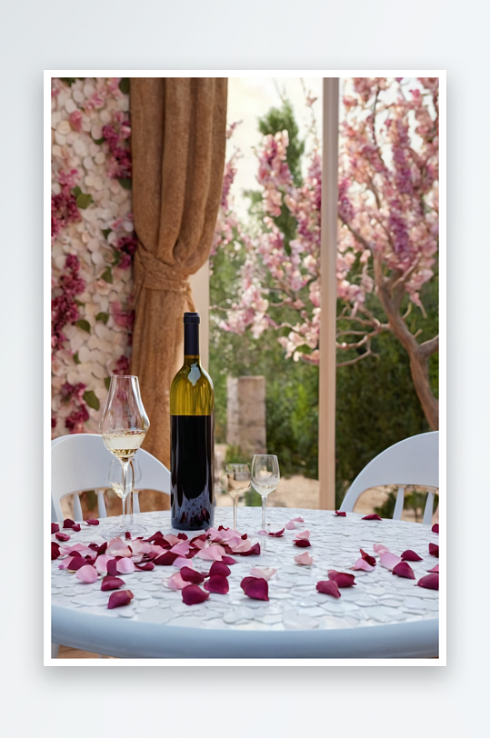 桌上放着满是花瓣红酒瓶子酒杯照片