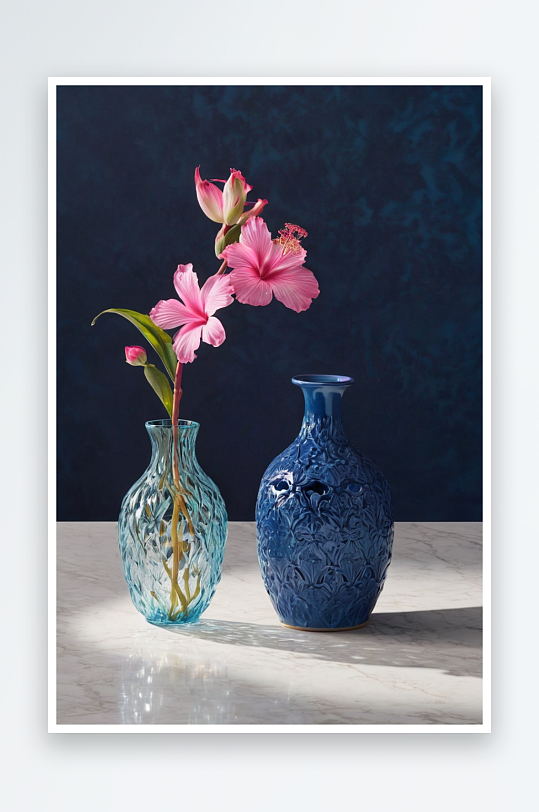 桌面拍摄一朵异国粉红色花一个蓝色陶瓷花瓶