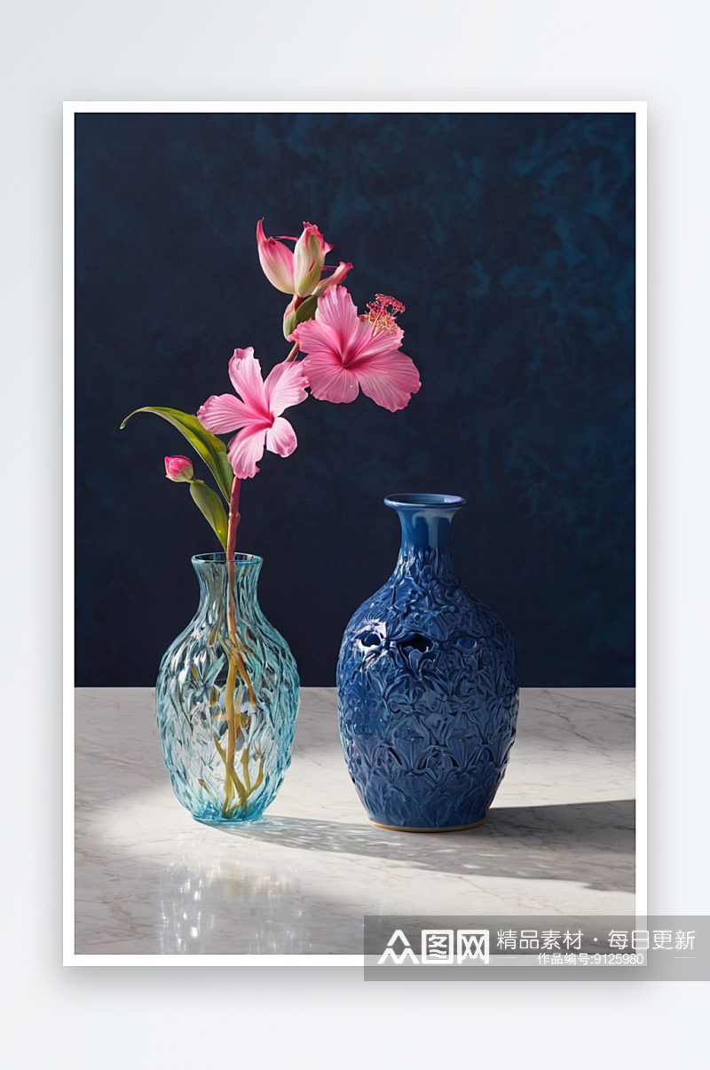 桌面拍摄一朵异国粉红色花一个蓝色陶瓷花瓶素材