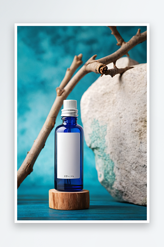装着精油或精华素蓝色玻璃瓶放木台上底色为