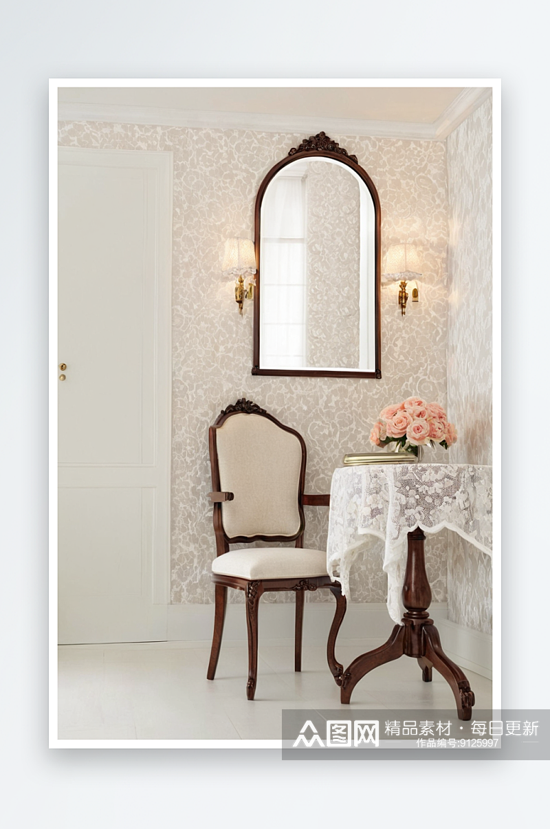 转腿椅子深色木桌上有白色花边布墙角墙上贴素材