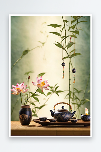 竹叶背景下荷花摆件与茶具照片