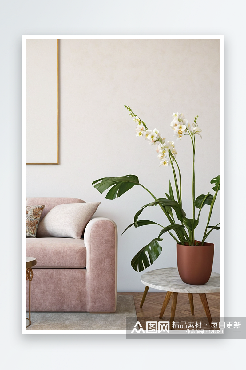 植物放沙发旁边圆桌旁图片素材