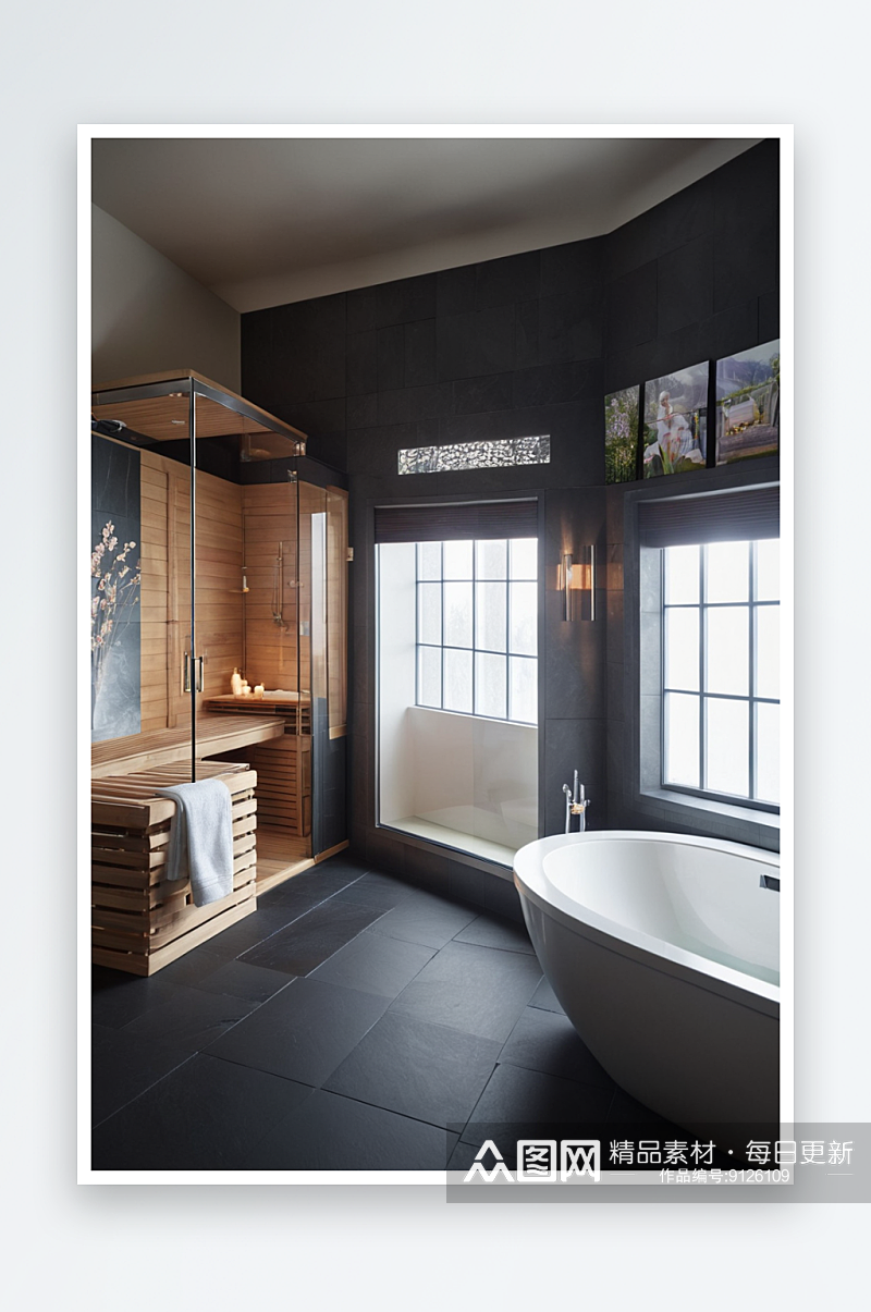 浴室有黑色石板地板格子窗格子卷帘背景中可素材