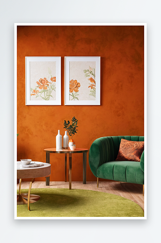 椅子圆桌扶手椅与绿色天鹅绒装饰对橙色墙壁