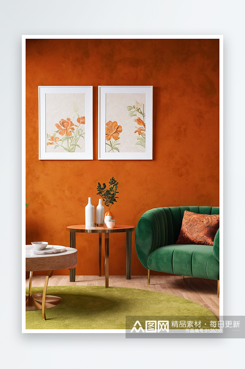 椅子圆桌扶手椅与绿色天鹅绒装饰对橙色墙壁素材