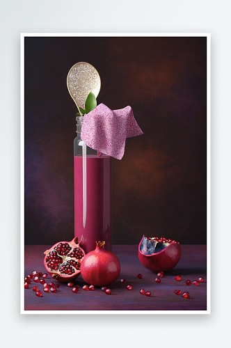 一组石榴紫砂紫薇油画风格静物组合图片