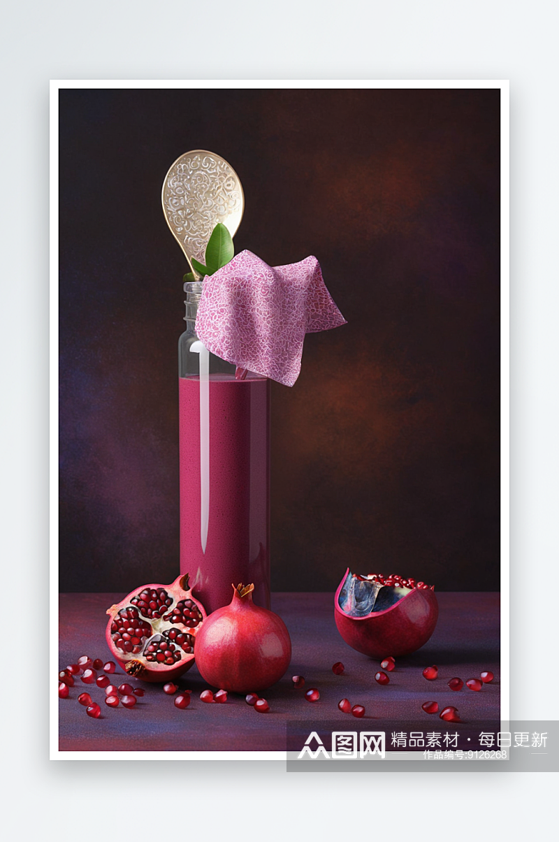 一组石榴紫砂紫薇油画风格静物组合图片素材