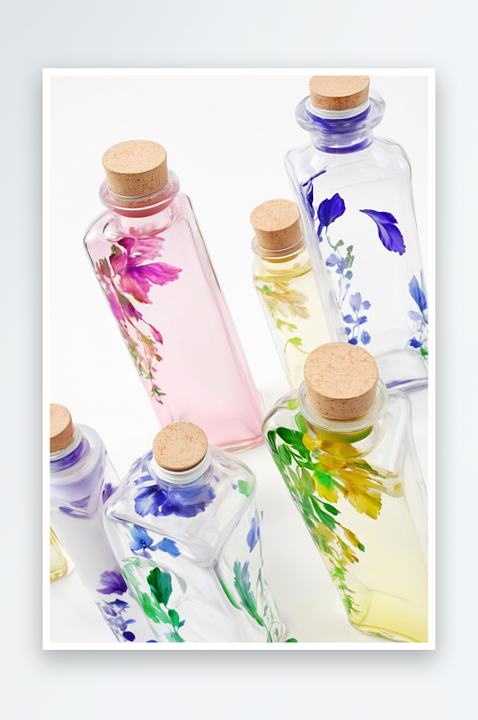 一套透明瓶子与彩色油乳液白色背景图片