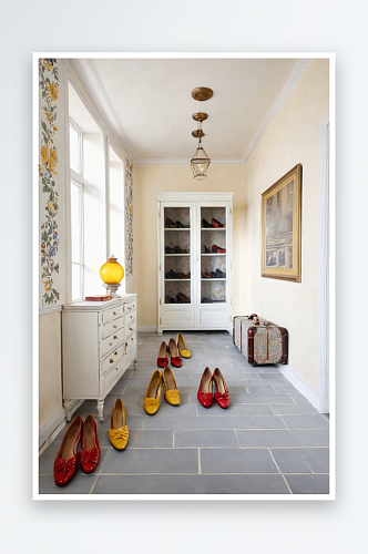 一间凉廊地板是灰色鞋子是红黄相间背景是一