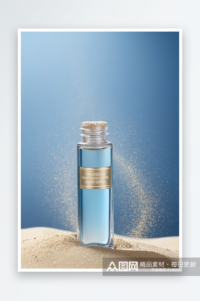 一堆沙子里放一瓶化妆品凝胶或精华液蓝色背素材
