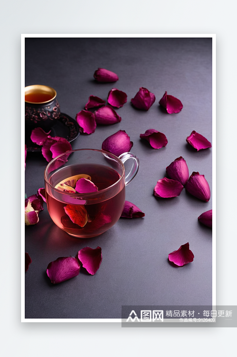 一杯玫瑰茄茶摆放铺满玫瑰花瓣黑色背景上照素材