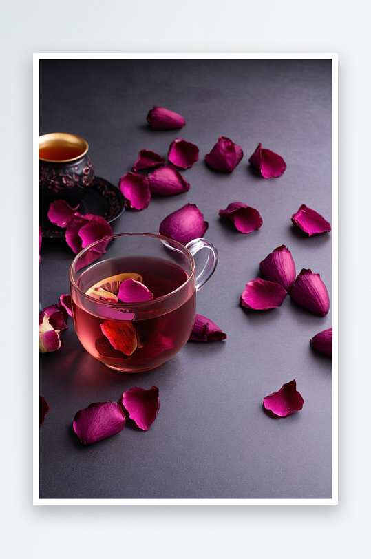 一杯玫瑰茄茶摆放铺满玫瑰花瓣黑色背景上照