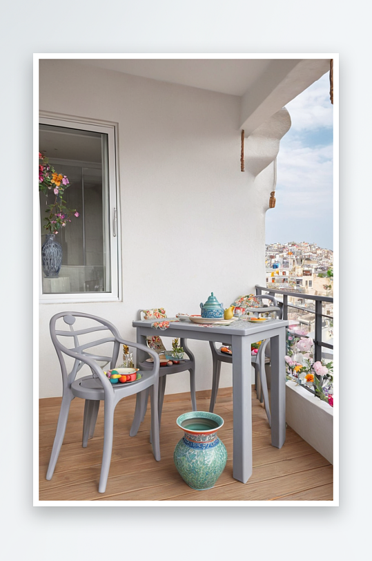 阳台上浅灰色桌子上放着色彩柔陶器图片