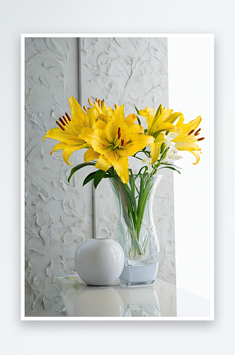 小桌上花瓶上放着新鲜黄色百合花图片